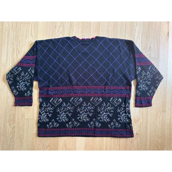 80s Vintage Geometric Floral Knit Sweater Black with Purple and Pink size XL - Picture 6 of 8